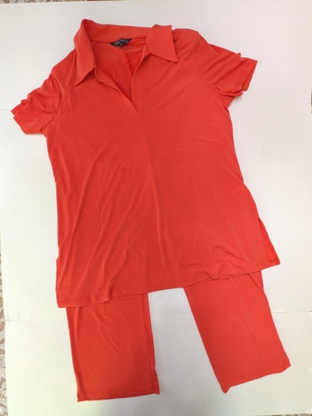Slinky Brand 2 Pc Set Collared V Neck Top Pull On Pants Size XL Orange Layering